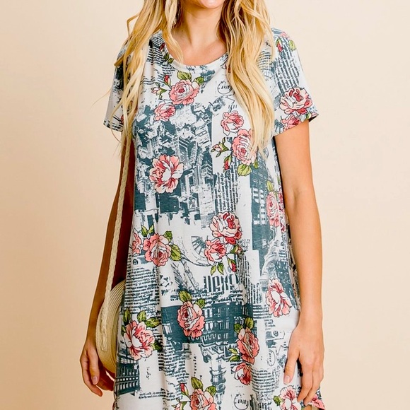 VIAMOR Rustic print Ivory Large Short Sleeve Crew Neck Floral Mid-Thigh T-Dress - Picture 2 of 7